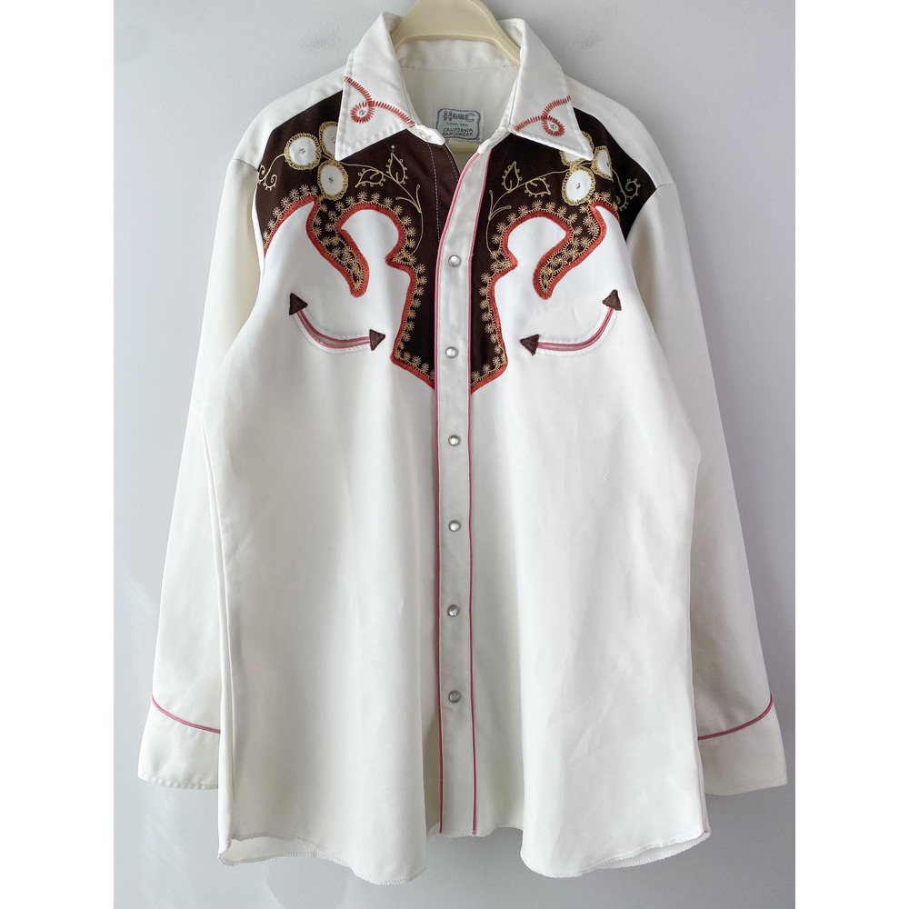 H Bar C Mens Western Pearl Snap Shirt XL White Vintage Embroidered Retro Cowboy
